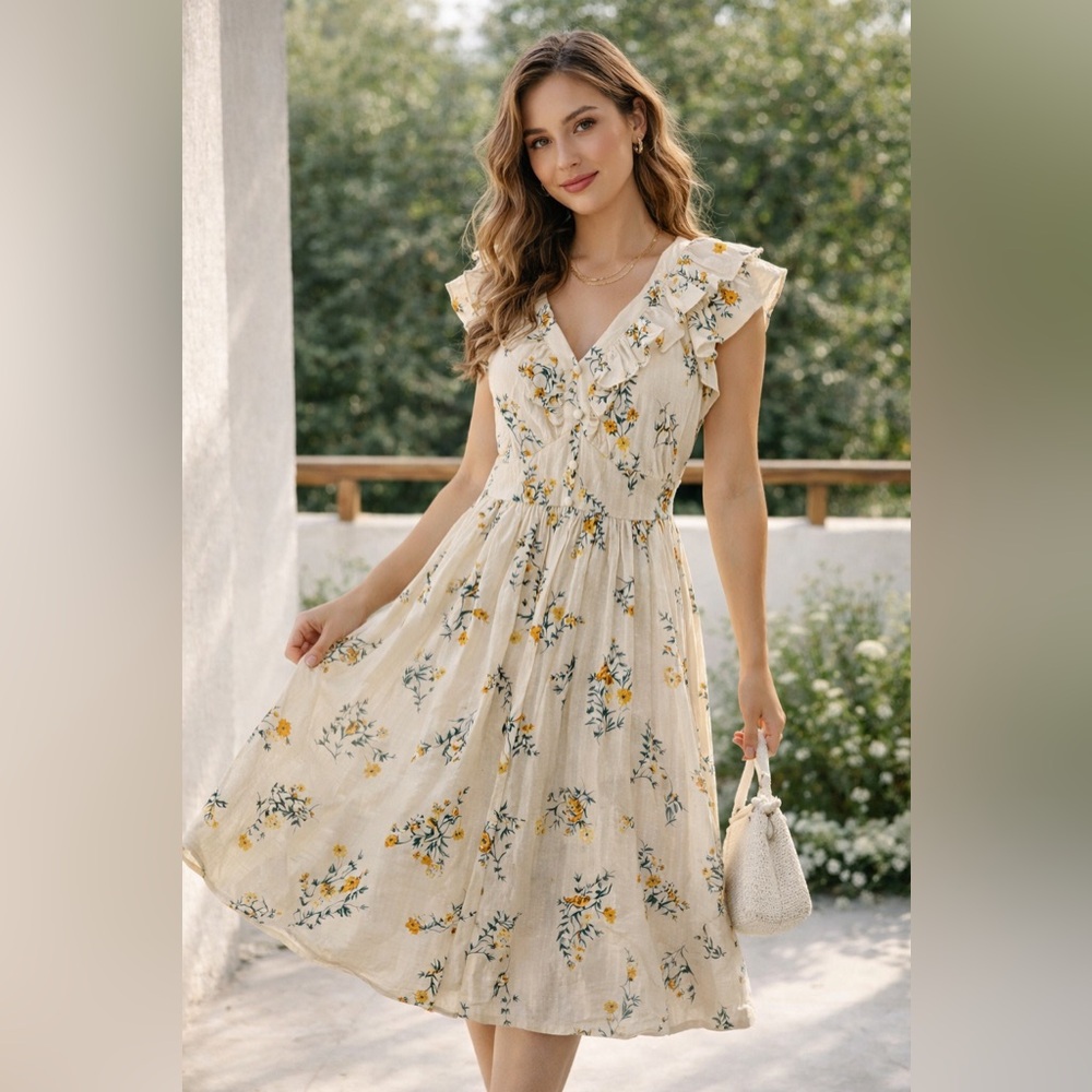 LC Lauren Conrad Cream Floral Midi Dress